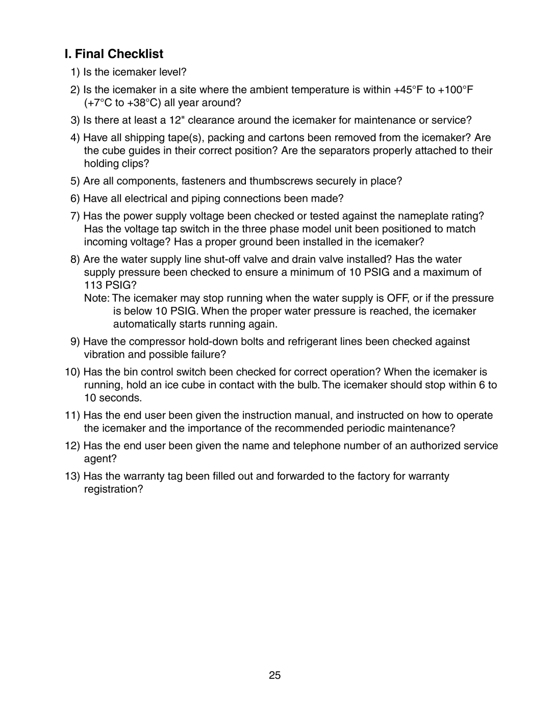 Hoshizaki KM-1800SWH/3, KM-1800SRH/3, KM-1800SAH/3 instruction manual Final Checklist 