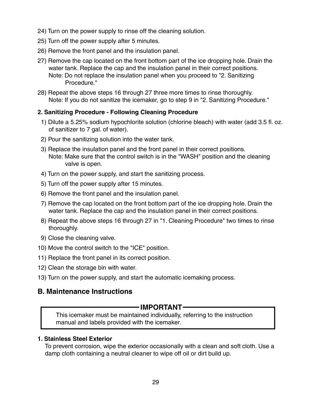 Hoshizaki KM-1800SAH/3, KM-1800SRH/3 Maintenance Instructions, Sanitizing Procedure Following Cleaning Procedure 