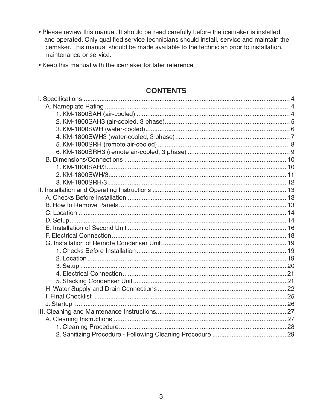 Hoshizaki KM-1800SRH/3, KM-1800SWH/3, KM-1800SAH/3 instruction manual Contents 