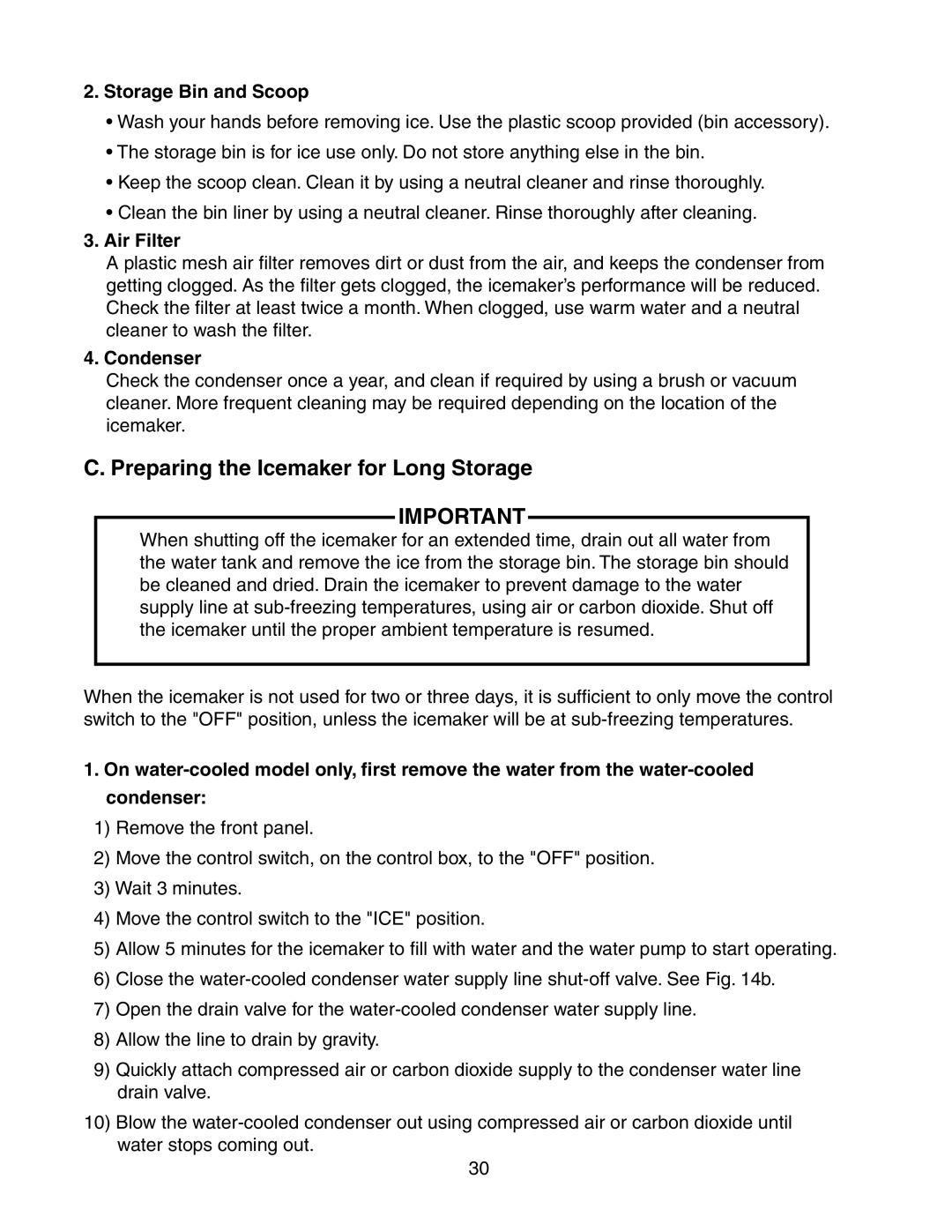 Hoshizaki KM-1800SRH/3, KM-1800SWH/3 Preparing the Icemaker for Long Storage, Storage Bin and Scoop, Air Filter, Condenser 