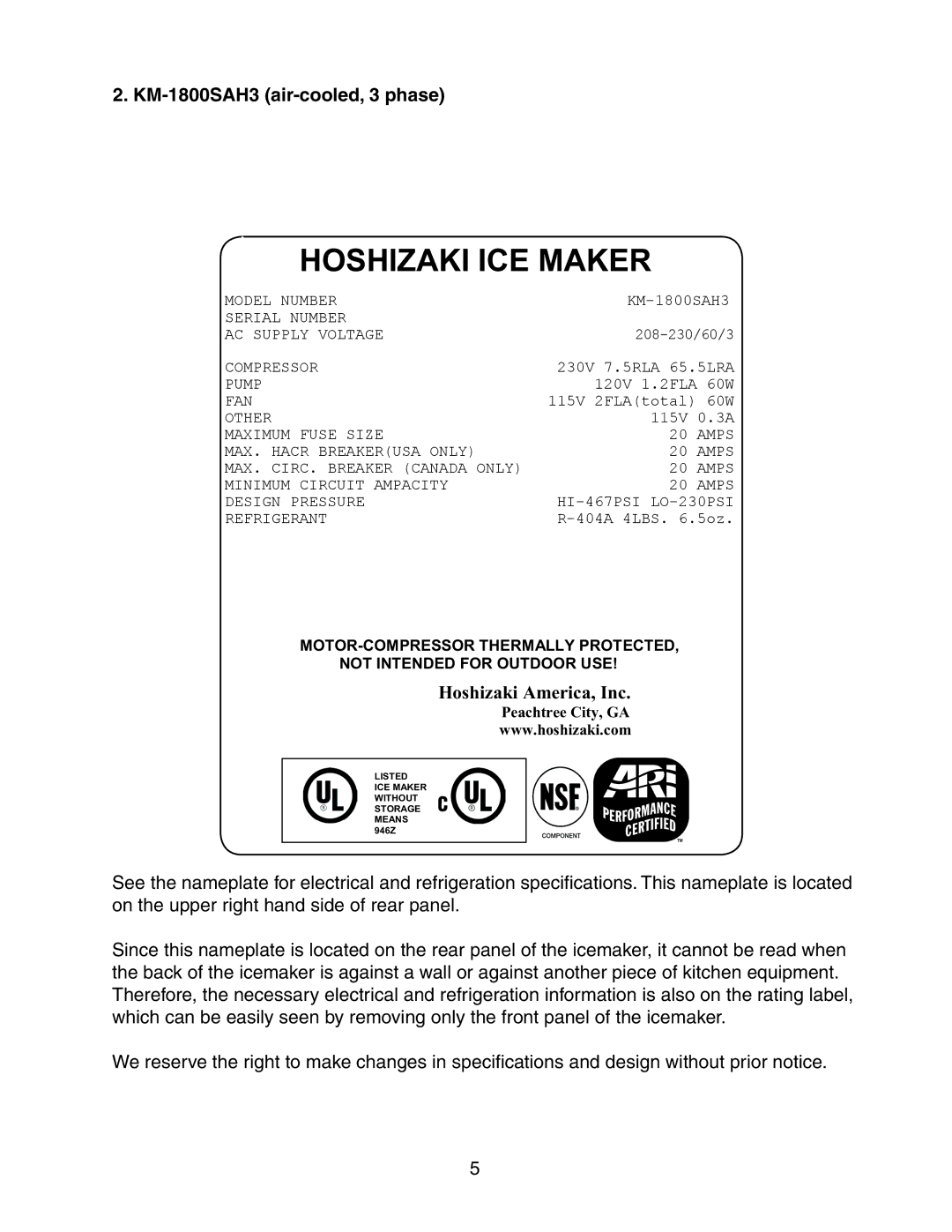 Hoshizaki KM-1800SAH/3, KM-1800SRH/3, KM-1800SWH/3 instruction manual KM-1800SAH3 air-cooled, 3 phase 