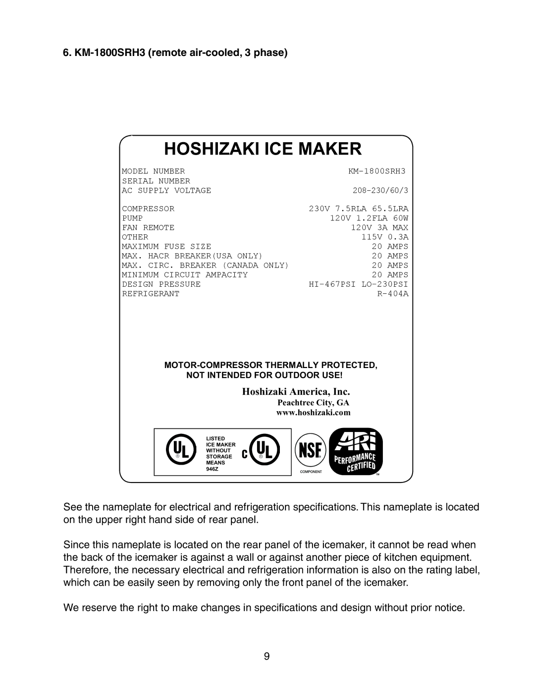 Hoshizaki KM-1800SRH/3, KM-1800SWH/3, KM-1800SAH/3 instruction manual KM-1800SRH3 remote air-cooled, 3 phase 