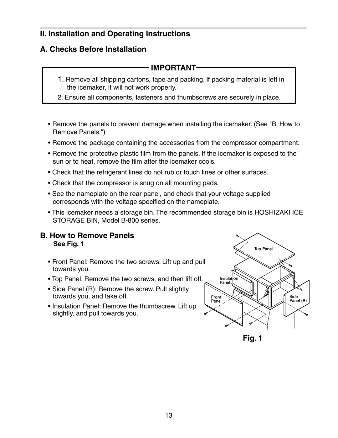 Hoshizaki KM-1800SWH/3, KM-1800SRH/3, KM-1800SAH/3 instruction manual B. How to Remove Panels, See Fig 