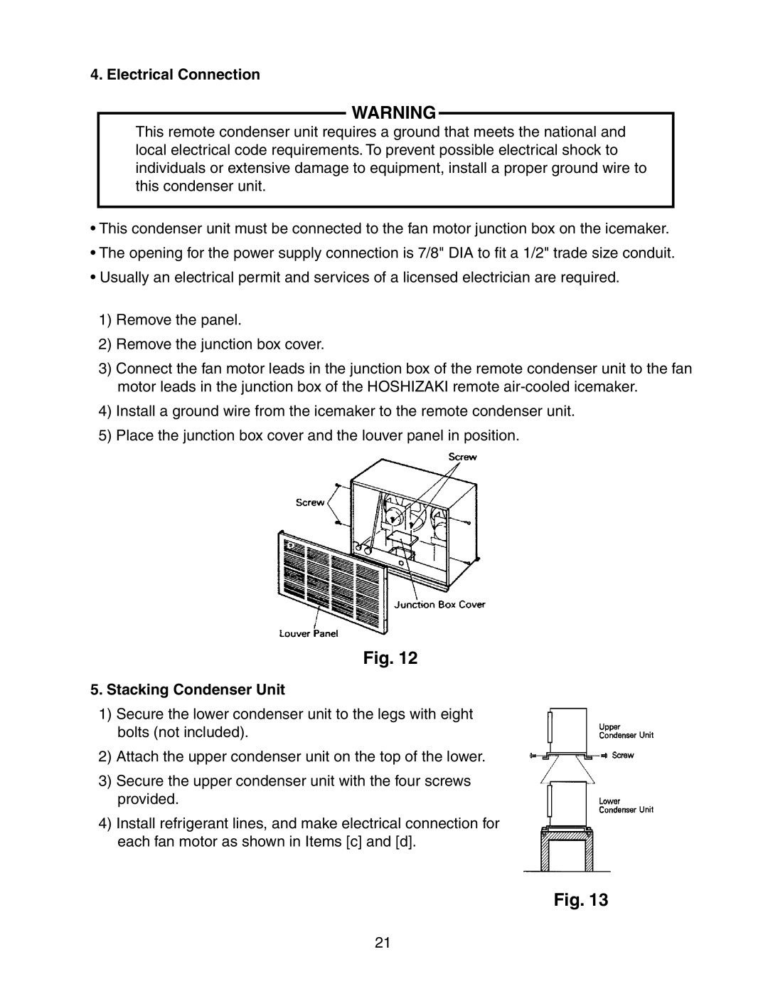 Hoshizaki KM-1800SRH/3, KM-1800SWH/3, KM-1800SAH/3 instruction manual Electrical Connection, Stacking Condenser Unit 