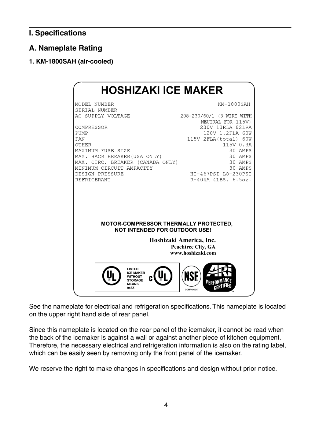 Hoshizaki KM-1800SWH/3, KM-1800SRH/3 Hoshizaki Ice Maker, I. Specifications A. Nameplate Rating, KM-1800SAH air-cooled 