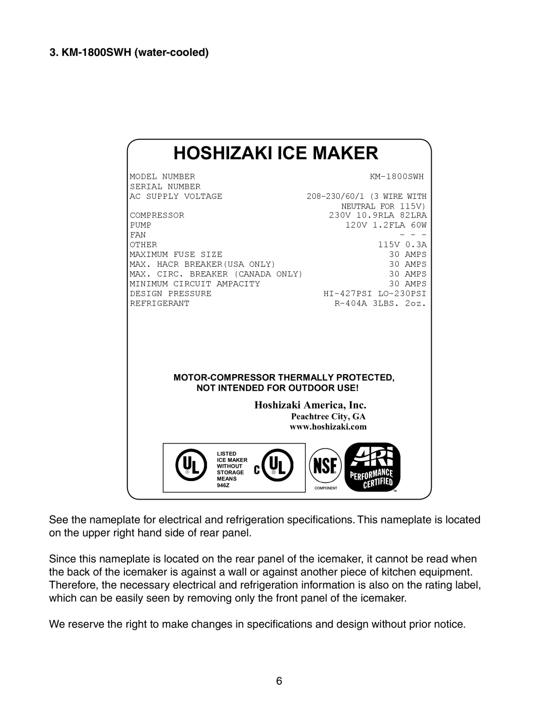 Hoshizaki KM-1800SRH/3, KM-1800SWH/3, KM-1800SAH/3 KM-1800SWH water-cooled, Hoshizaki Ice Maker, Hoshizaki America, Inc 