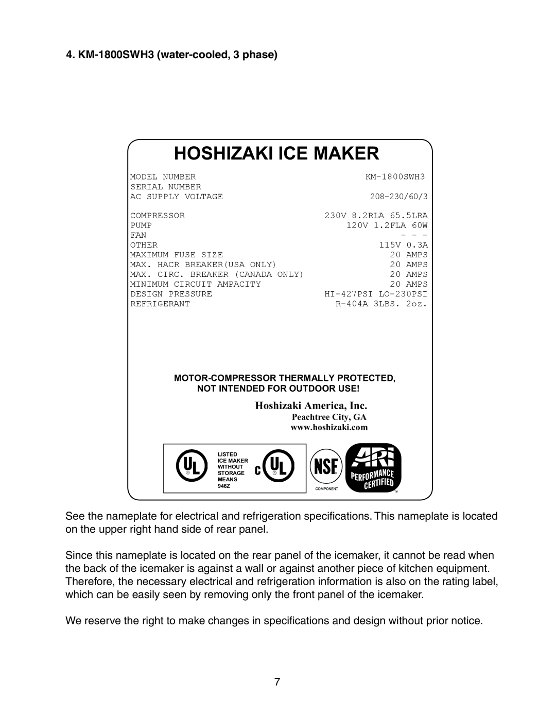 Hoshizaki KM-1800SWH/3, KM-1800SRH/3 KM-1800SWH3 water-cooled, 3 phase, Hoshizaki Ice Maker, Hoshizaki America, Inc 