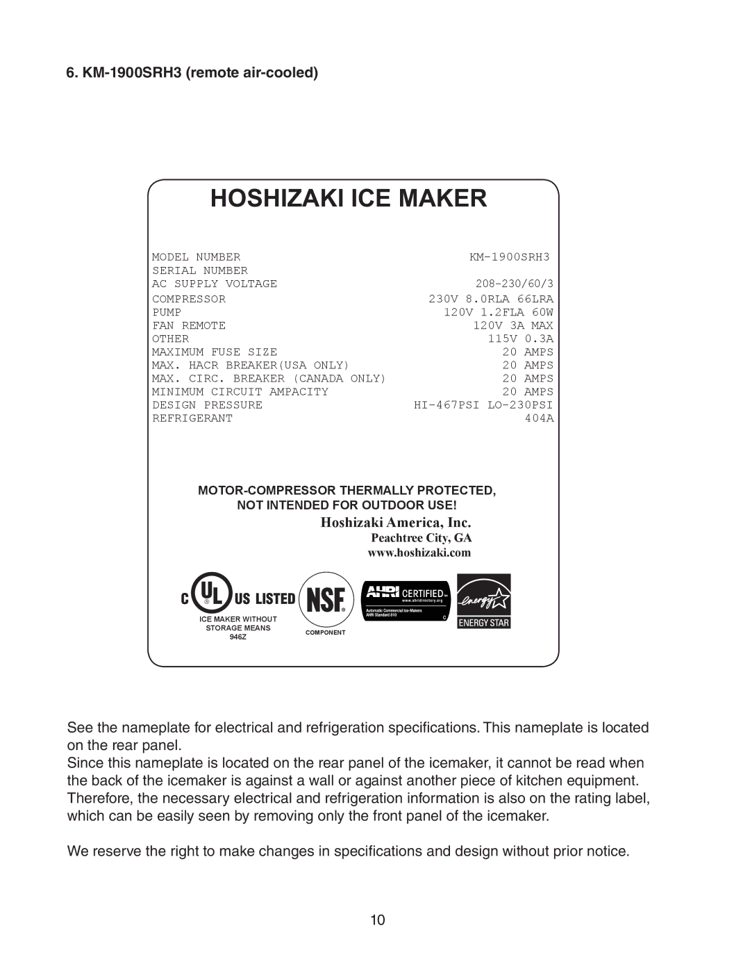 Hoshizaki KM-1900SAH/3, KM-1900SRH/3, KM-1900SWH/3 instruction manual KM-1900SRH3 remote air-cooled 