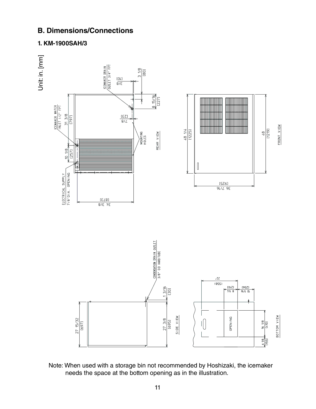 Hoshizaki KM-1900SWH/3, KM-1900SRH/3 instruction manual Dimensions/Connections, KM-1900SAH/3 