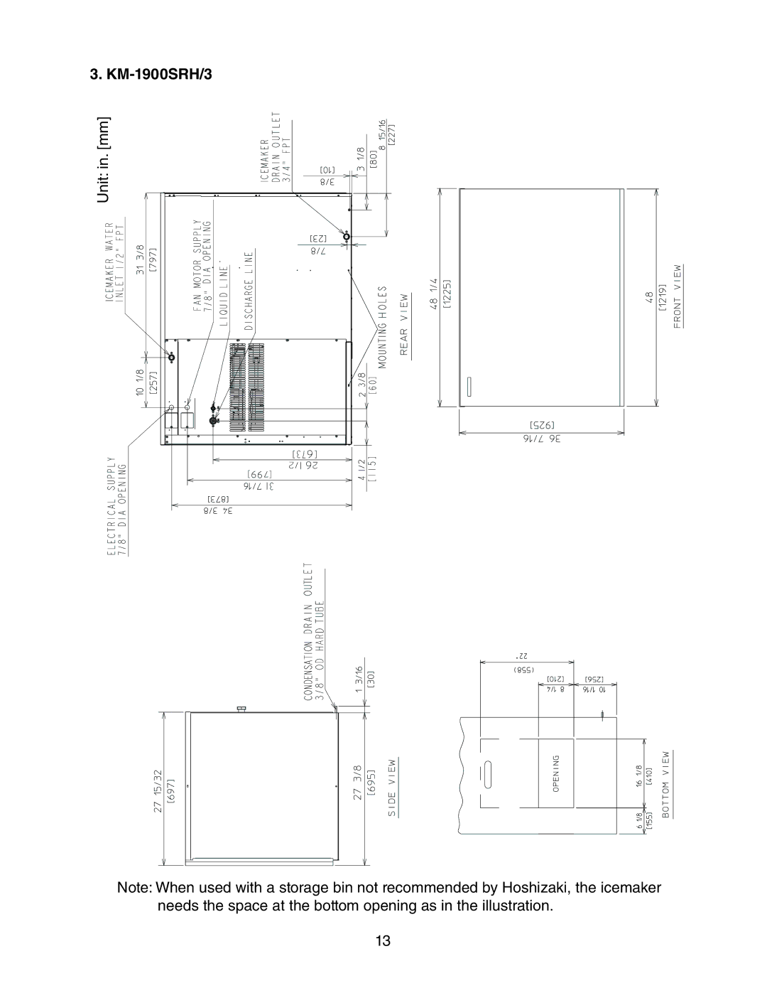 Hoshizaki KM-1900SAH/3, KM-1900SRH/3, KM-1900SWH/3 instruction manual Unit in. mm 