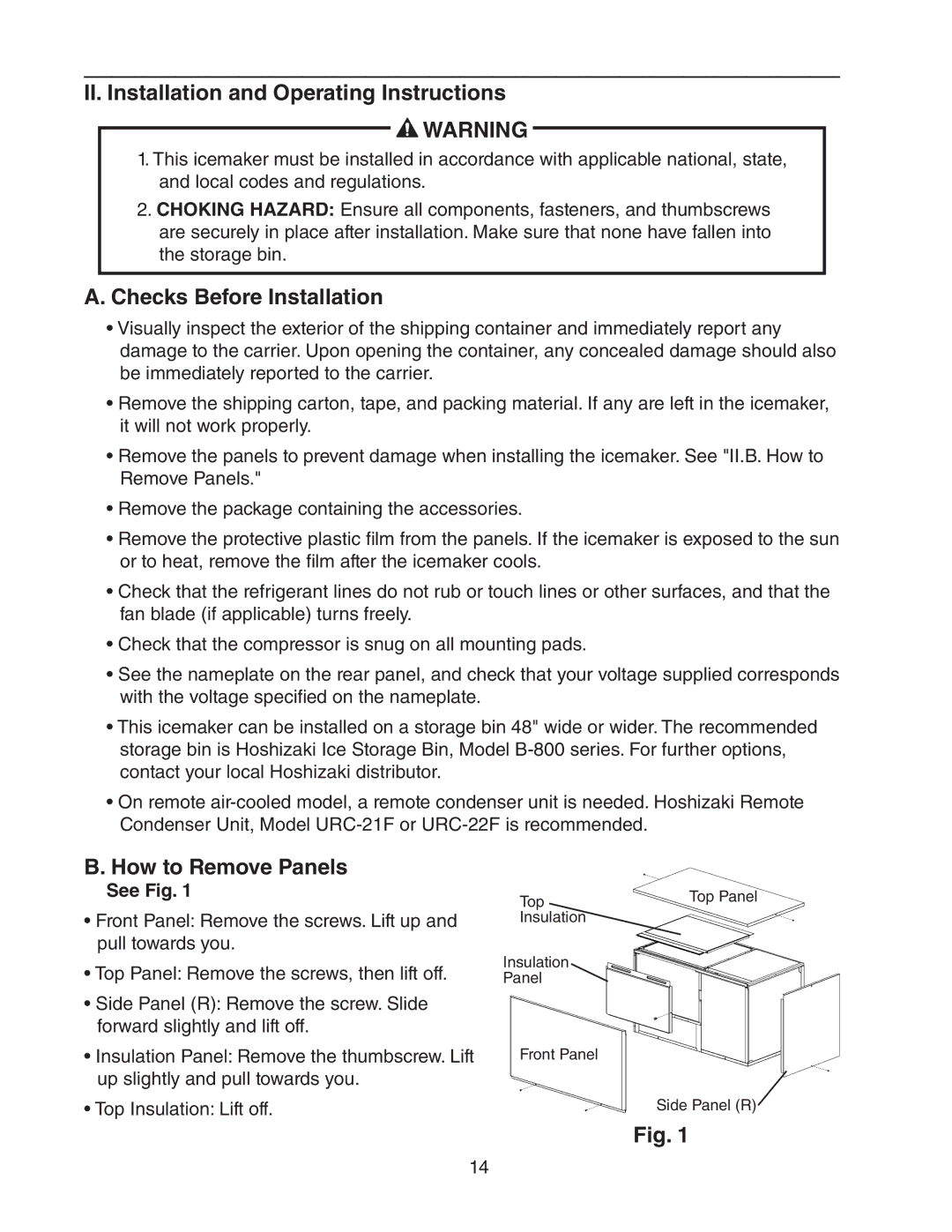 Hoshizaki KM-1900SWH/3 II. Installation and Operating Instructions, Checks Before Installation, How to Remove Panels 