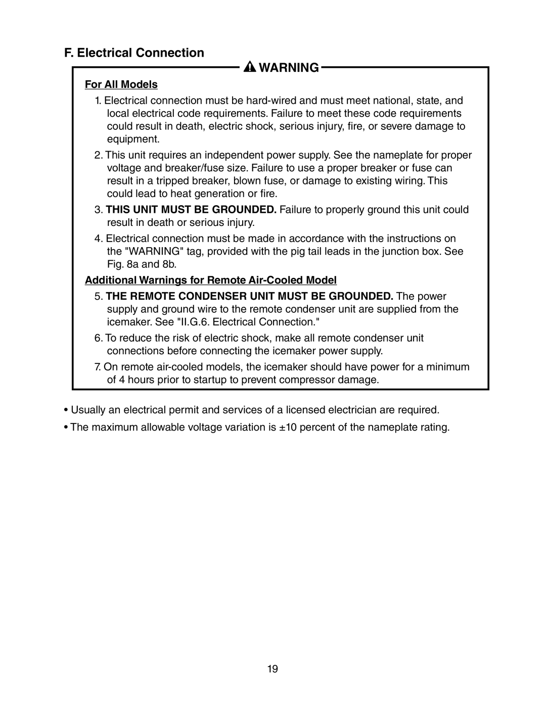 Hoshizaki KM-1900SAH/3 Electrical Connection, For All Models, Additional Warnings for Remote Air-Cooled Model 