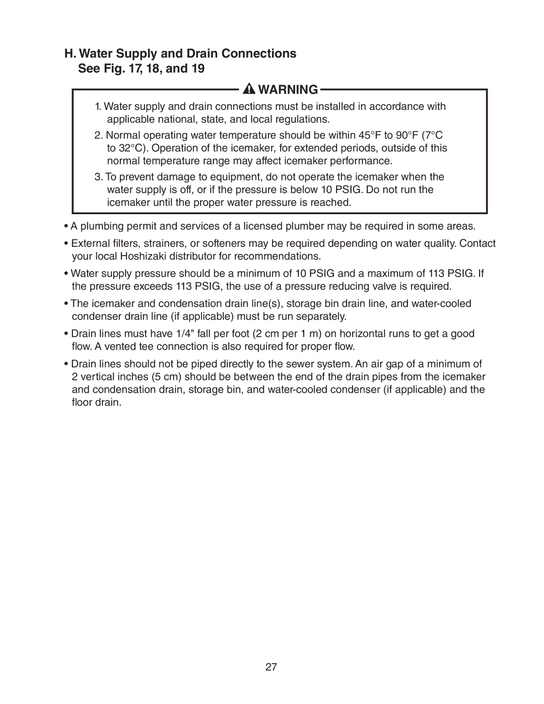 Hoshizaki KM-1900SRH/3, KM-1900SAH/3, KM-1900SWH/3 instruction manual Water Supply and Drain Connections See , 18 