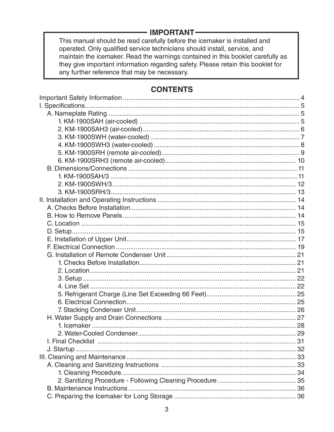 Hoshizaki KM-1900SRH/3, KM-1900SAH/3, KM-1900SWH/3 instruction manual Contents 