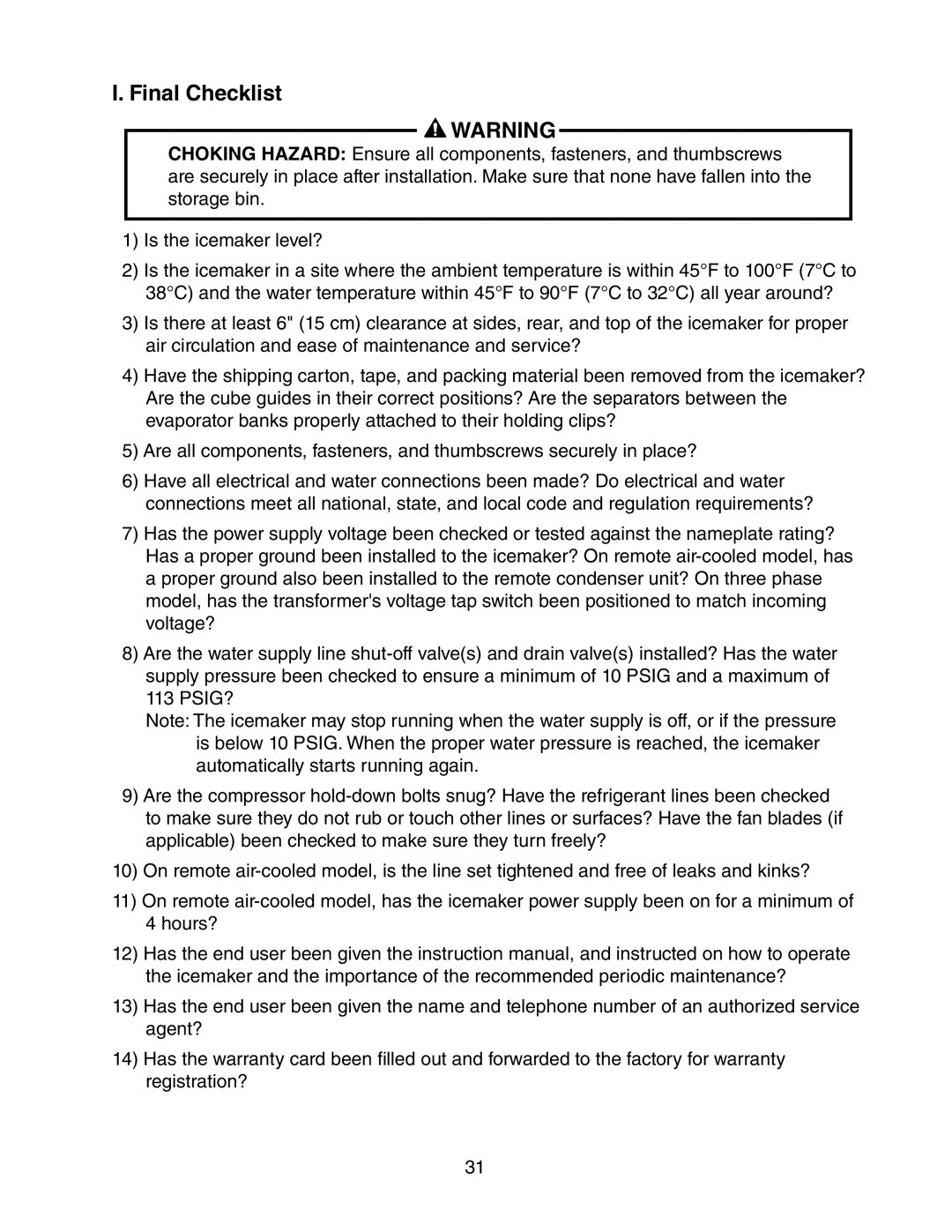 Hoshizaki KM-1900SAH/3, KM-1900SRH/3, KM-1900SWH/3 instruction manual Final Checklist 