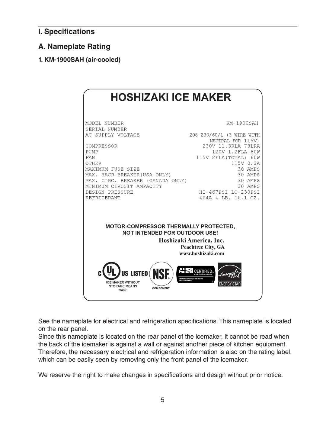 Hoshizaki KM-1900SWH/3, KM-1900SRH/3, KM-1900SAH/3 instruction manual Specifications Nameplate Rating, KM-1900SAH air-cooled 