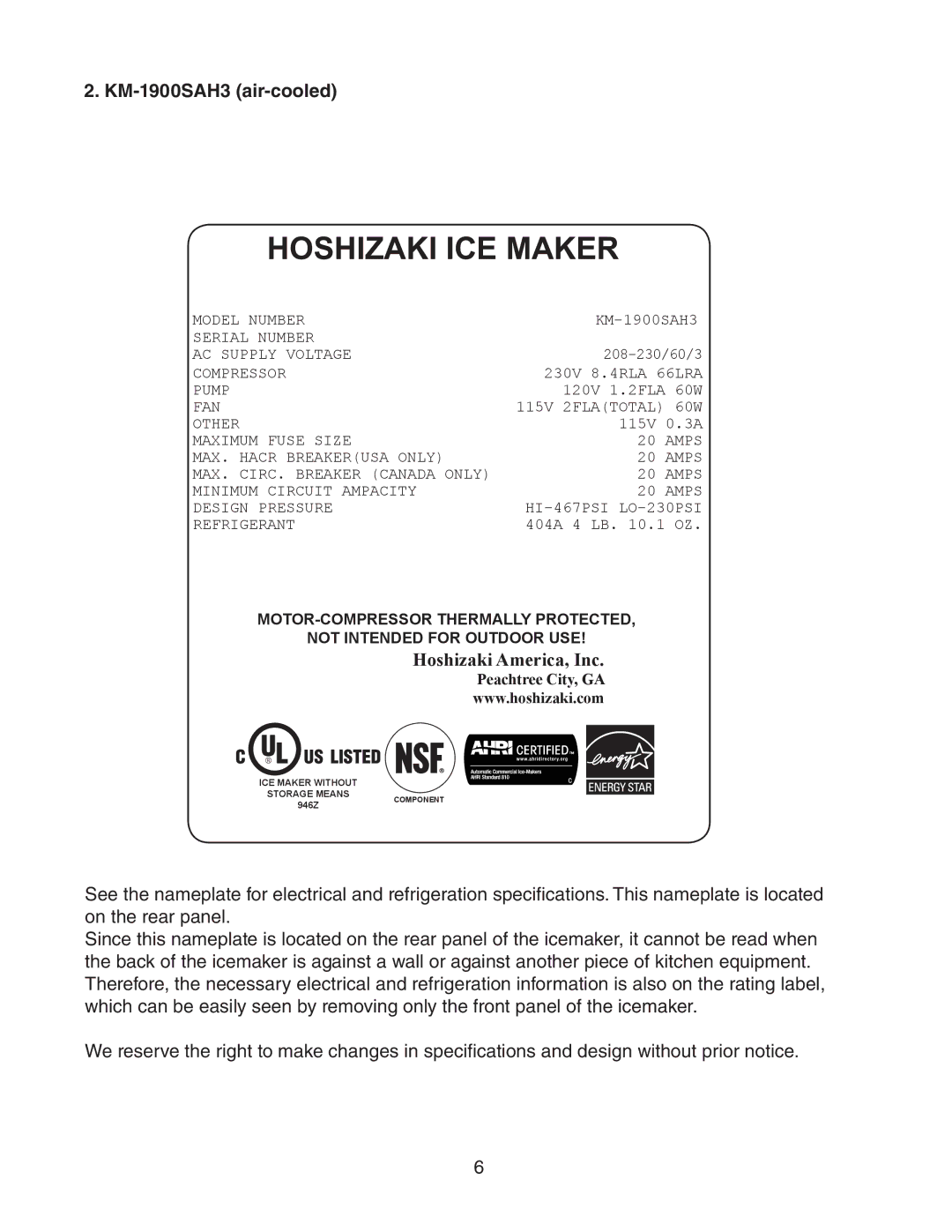 Hoshizaki KM-1900SRH/3, KM-1900SAH/3, KM-1900SWH/3 instruction manual KM-1900SAH3 air-cooled 