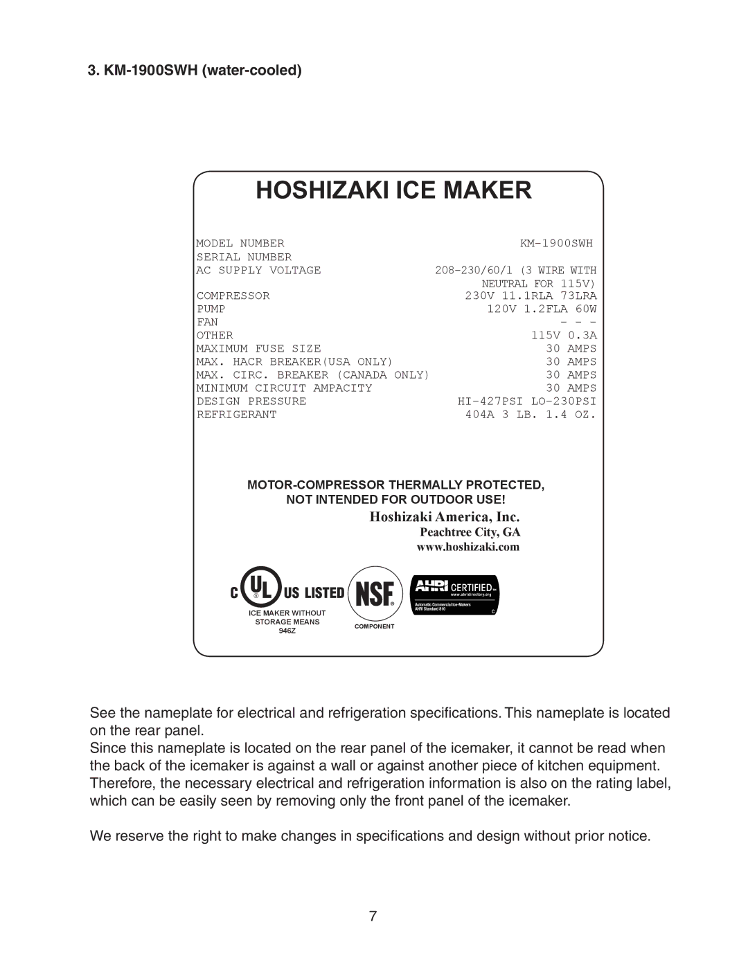 Hoshizaki KM-1900SAH/3, KM-1900SRH/3, KM-1900SWH/3 instruction manual KM-1900SWH water-cooled 