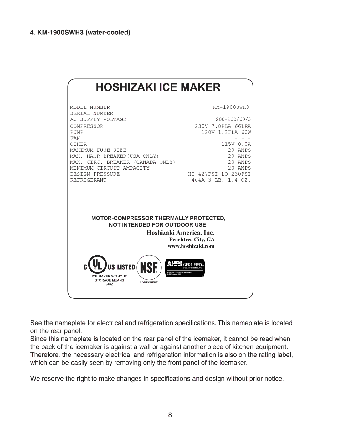 Hoshizaki KM-1900SWH/3, KM-1900SRH/3, KM-1900SAH/3 instruction manual KM-1900SWH3 water-cooled 