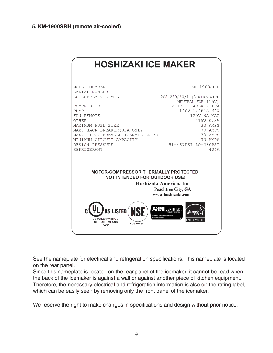 Hoshizaki KM-1900SRH/3, KM-1900SAH/3, KM-1900SWH/3 instruction manual KM-1900SRH remote air-cooled 