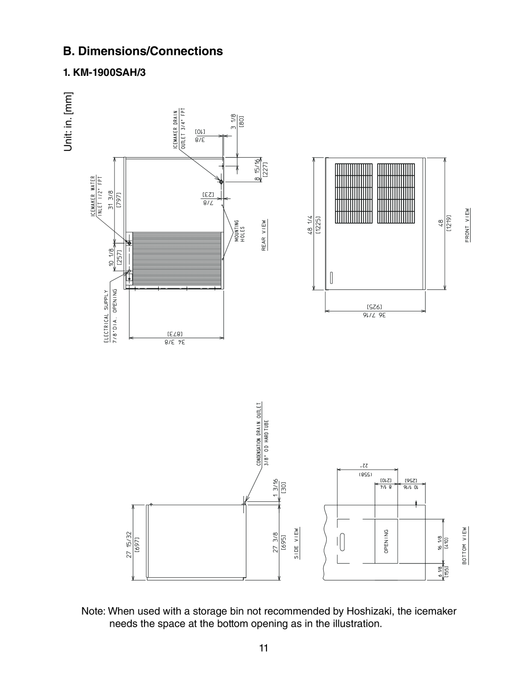 Hoshizaki KM-1900SWH/3, KM-1900SRH/3 instruction manual B. Dimensions/Connections, KM-1900SAH/3 