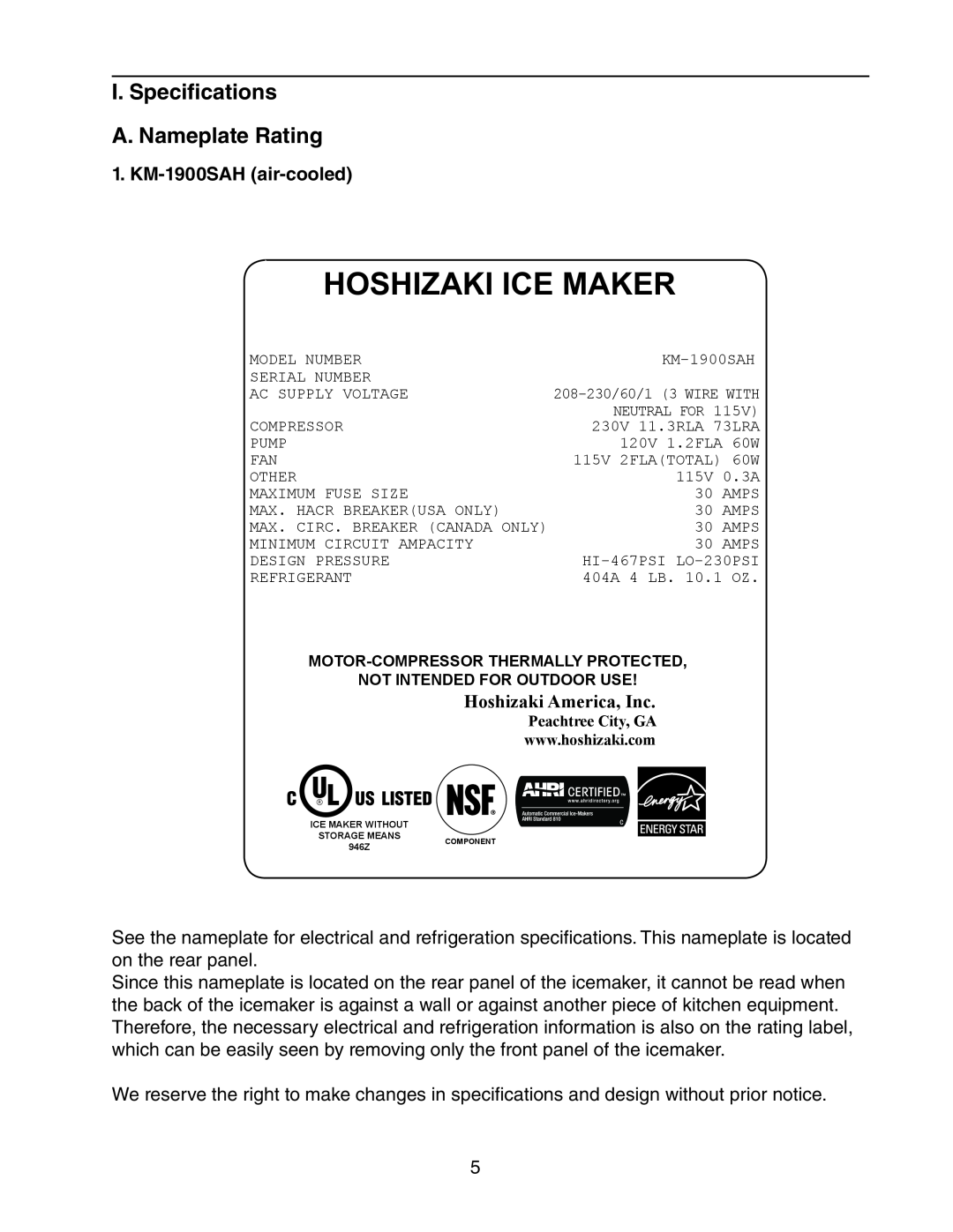 Hoshizaki KM-1900SWH/3, KM-1900SRH/3 Hoshizaki Ice Maker, I. Specifications A. Nameplate Rating, KM-1900SAH air-cooled 