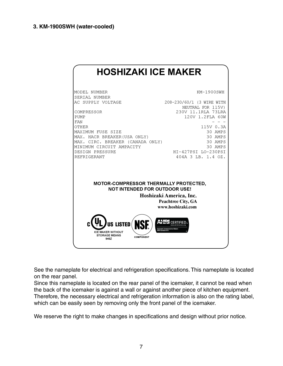 Hoshizaki KM-1900SAH/3, KM-1900SRH/3, KM-1900SWH/3 KM-1900SWH water-cooled, Hoshizaki Ice Maker, Hoshizaki America, Inc 