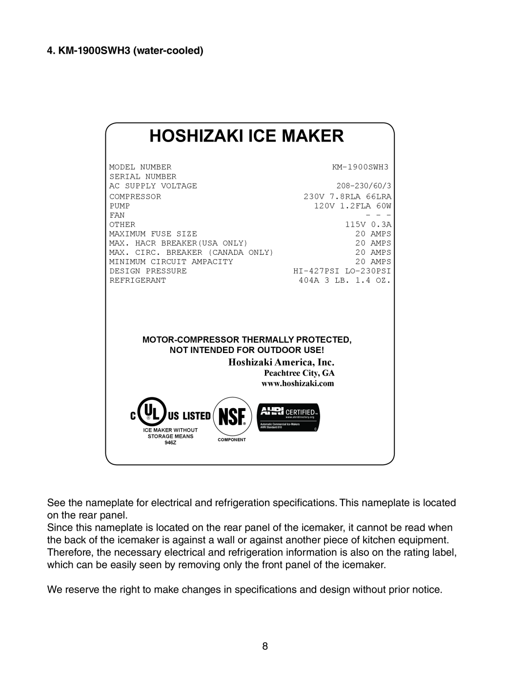 Hoshizaki KM-1900SWH/3, KM-1900SRH/3, KM-1900SAH/3 KM-1900SWH3 water-cooled, Hoshizaki Ice Maker, Hoshizaki America, Inc 