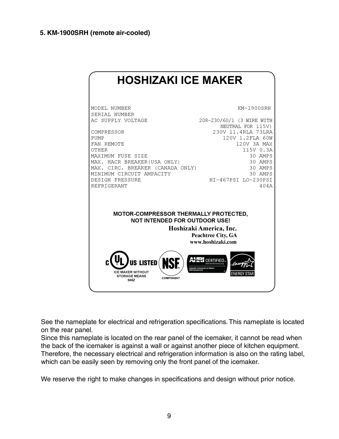 Hoshizaki KM-1900SRH/3, KM-1900SAH/3, KM-1900SWH/3 KM-1900SRHremote air-cooled, Hoshizaki Ice Maker, Hoshizaki America, Inc 