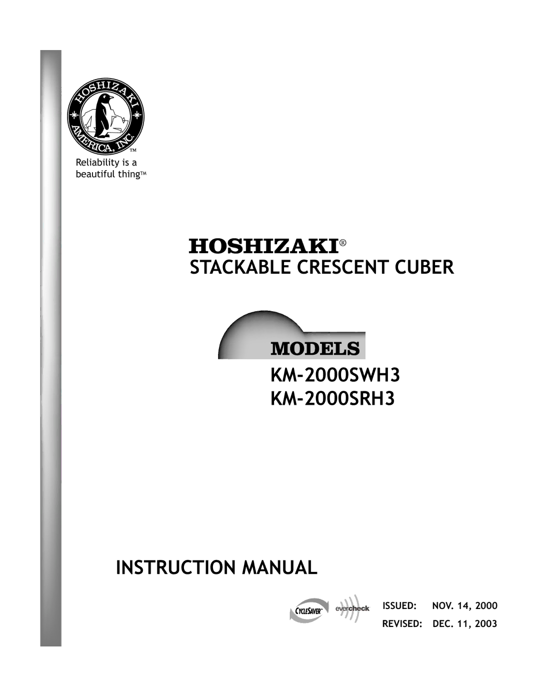 Hoshizaki KM-2000SWH3, KM-2000SRH3 instruction manual Stackable Crescent Cuber 