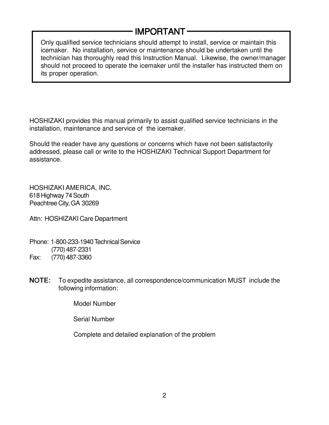 Hoshizaki KM-2000SRH3, KM-2000SWH3 instruction manual Hoshizaki AMERICA, INC 