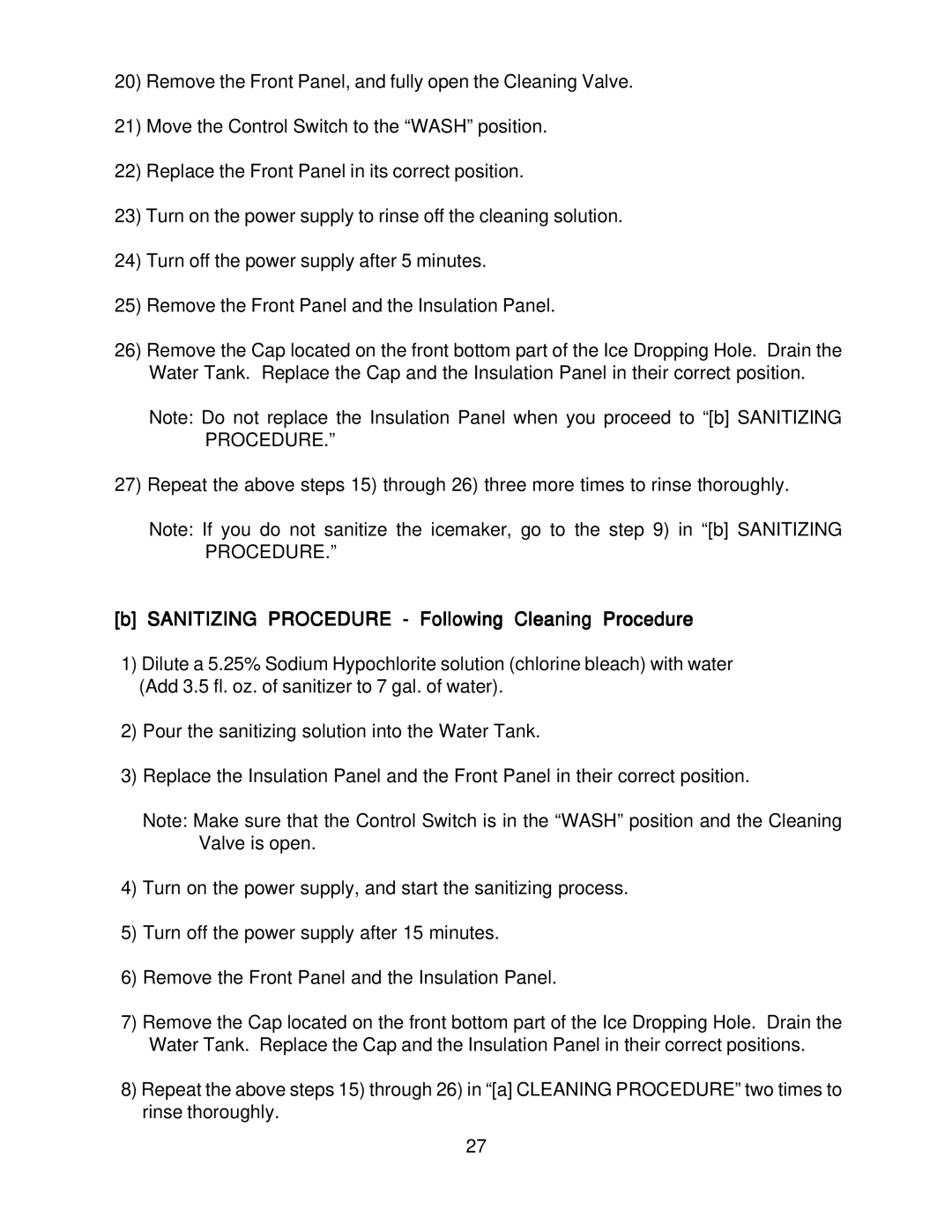 Hoshizaki KM-2000SWH3, KM-2000SRH3 instruction manual Sanitizing Procedure Following Cleaning Procedure 