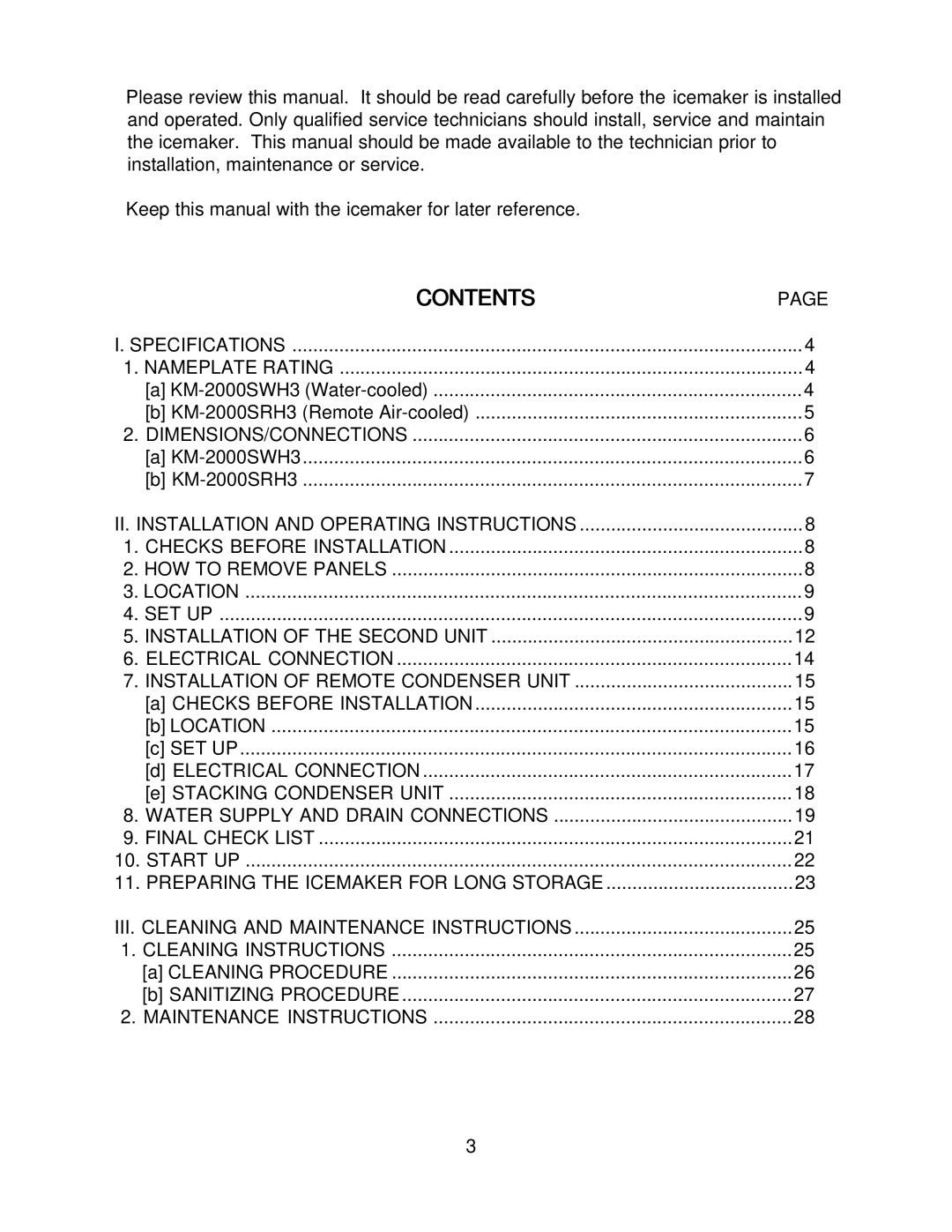 Hoshizaki KM-2000SWH3, KM-2000SRH3 instruction manual Contents 