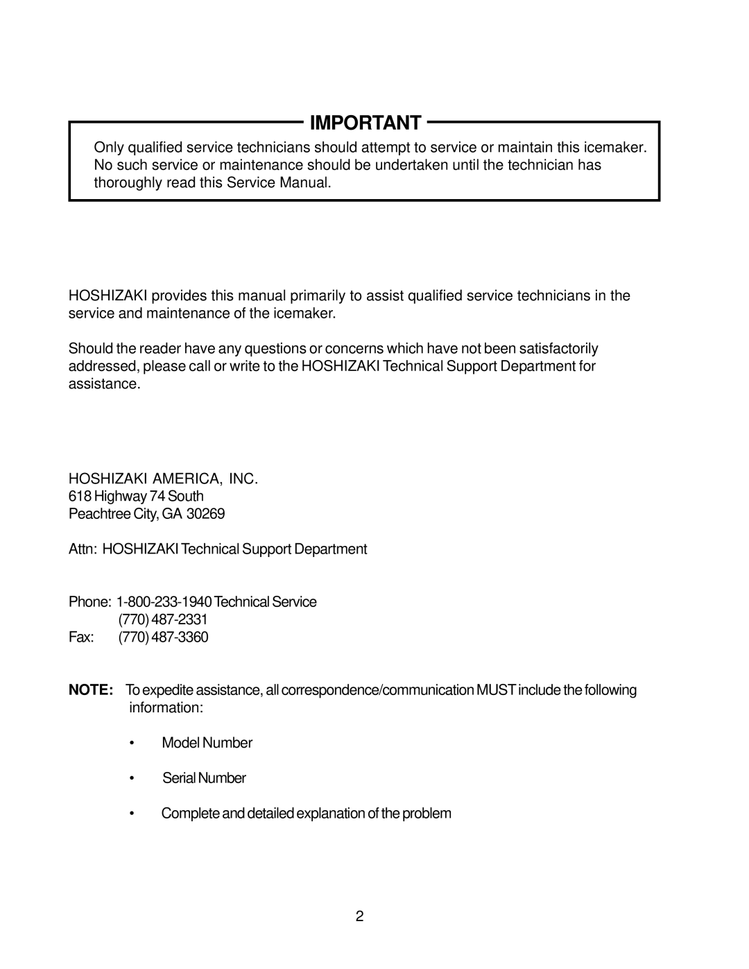 Hoshizaki KM-2400SRF3, KM-2400SRH3 service manual Hoshizaki AMERICA, INC 