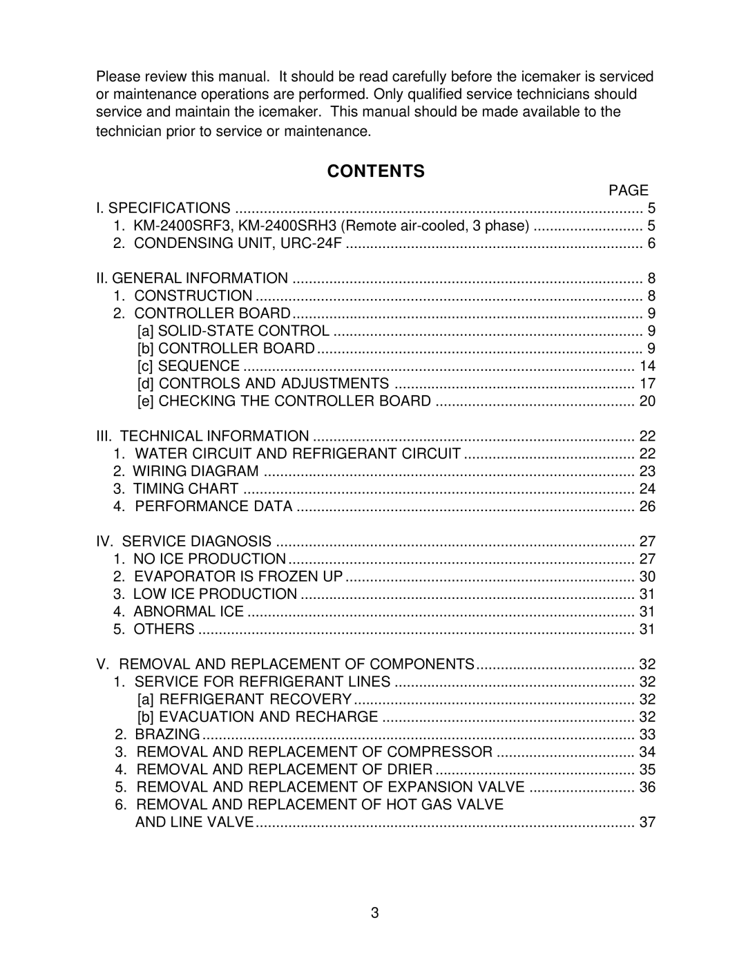 Hoshizaki KM-2400SRH3, KM-2400SRF3 service manual Contents 