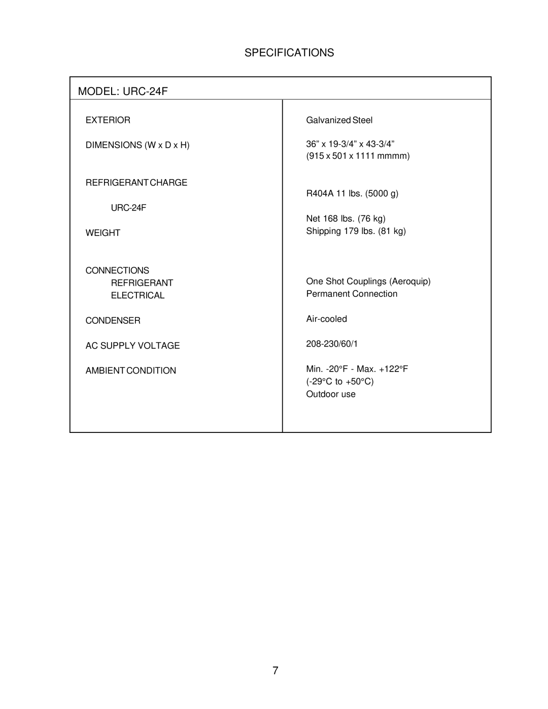 Hoshizaki KM-2400SRH3, KM-2400SRF3 service manual Specifications Model URC-24F 