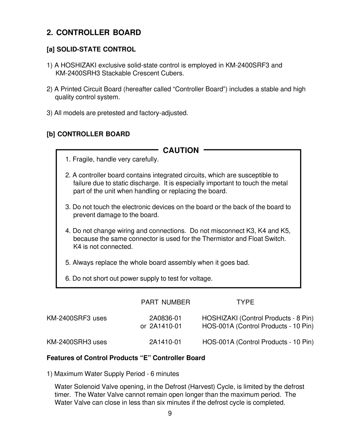 Hoshizaki KM-2400SRH3, KM-2400SRF3 service manual SOLID-STATE Control, Features of Control Products E Controller Board 