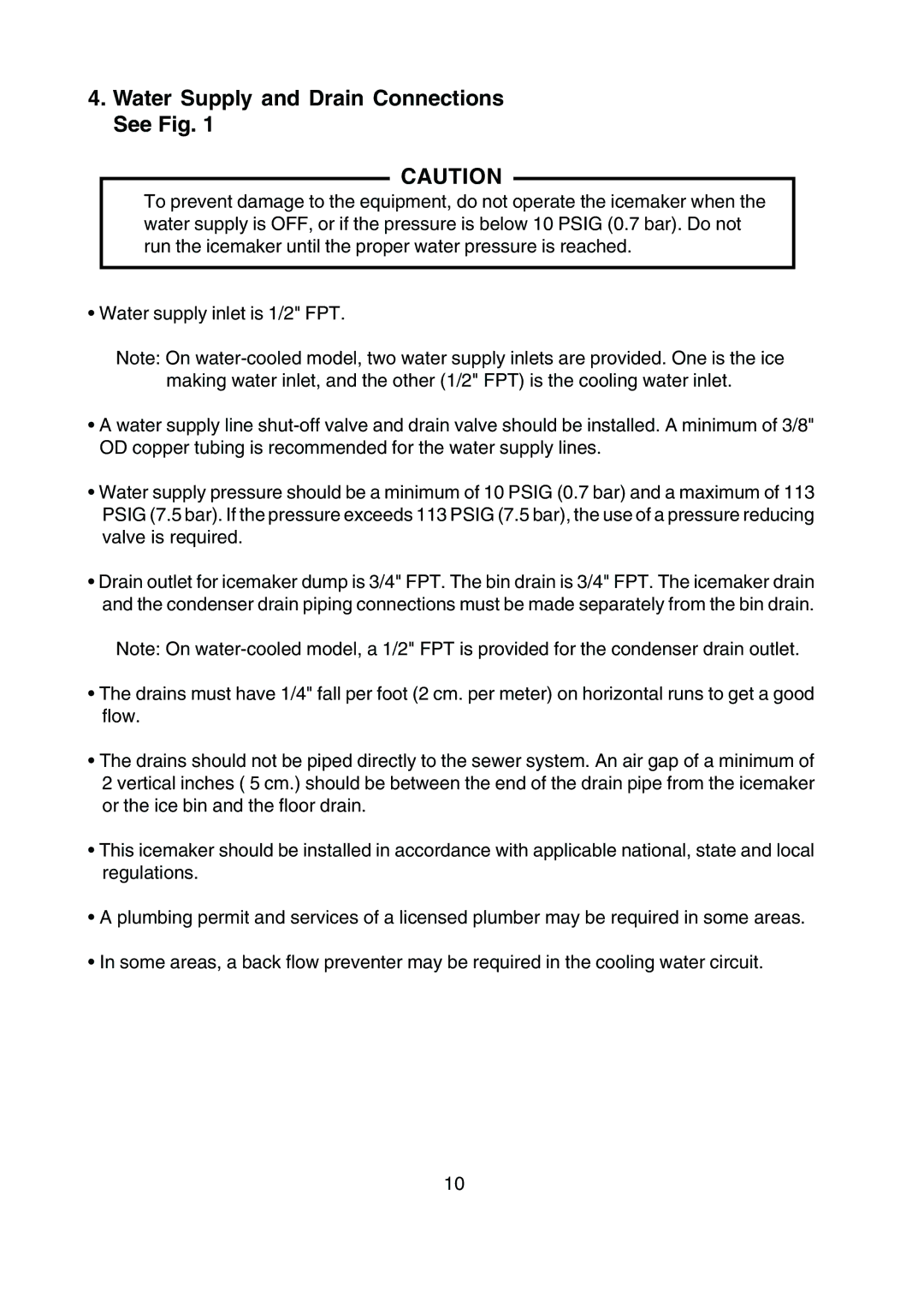 Hoshizaki KM-250BWF, KM-250BAF instruction manual Water Supply and Drain Connections See Fig 