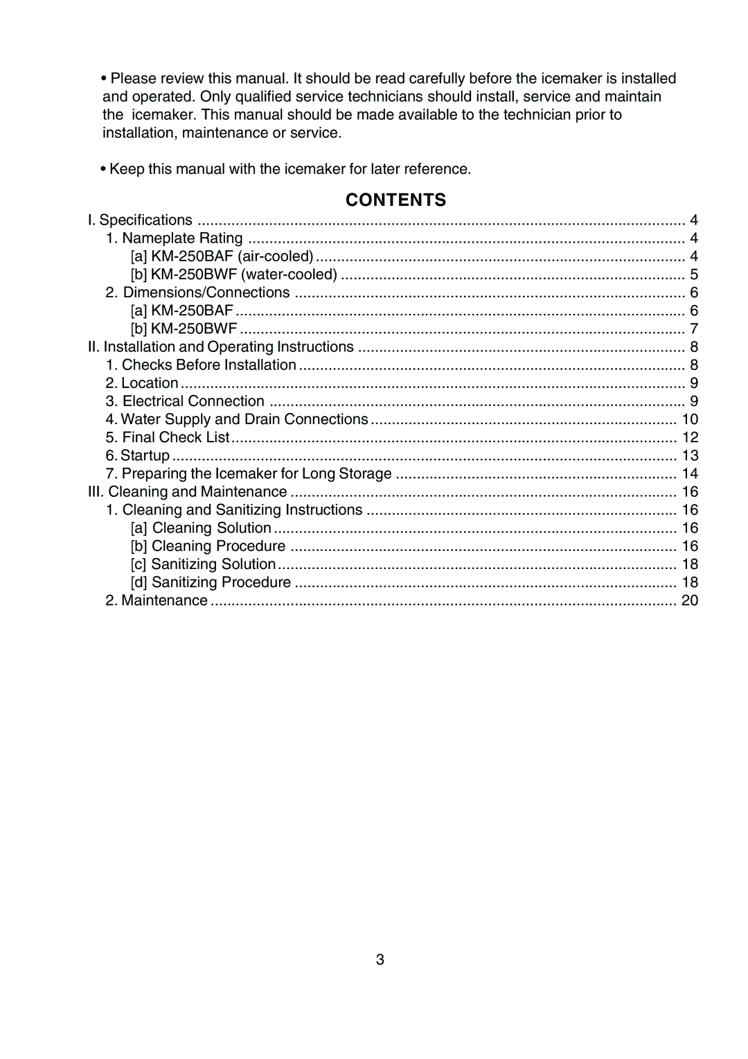 Hoshizaki KM-250BAF, KM-250BWF instruction manual Contents 