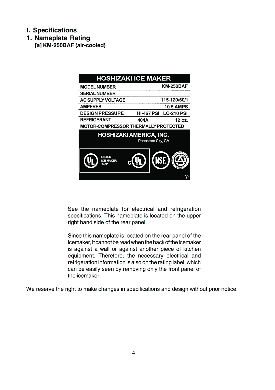 Hoshizaki KM-250BWF instruction manual Specifications Nameplate Rating, KM-250BAF air-cooled 