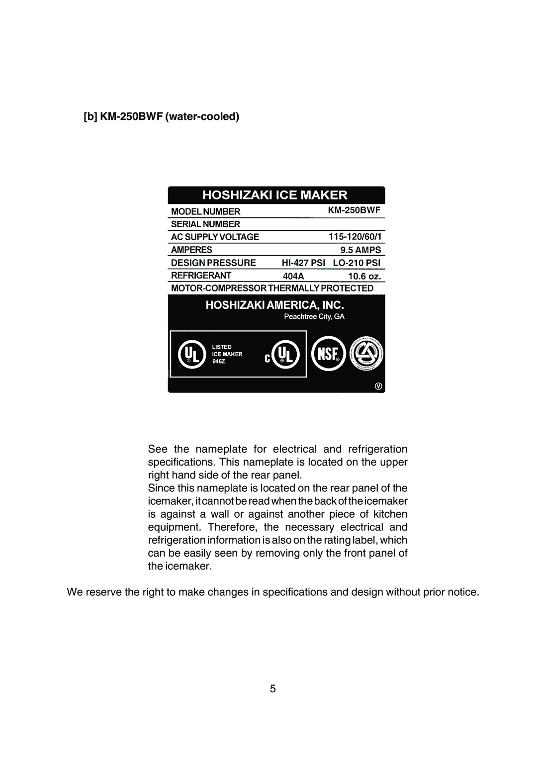 Hoshizaki KM-250BAF instruction manual KM-250BWF water-cooled 