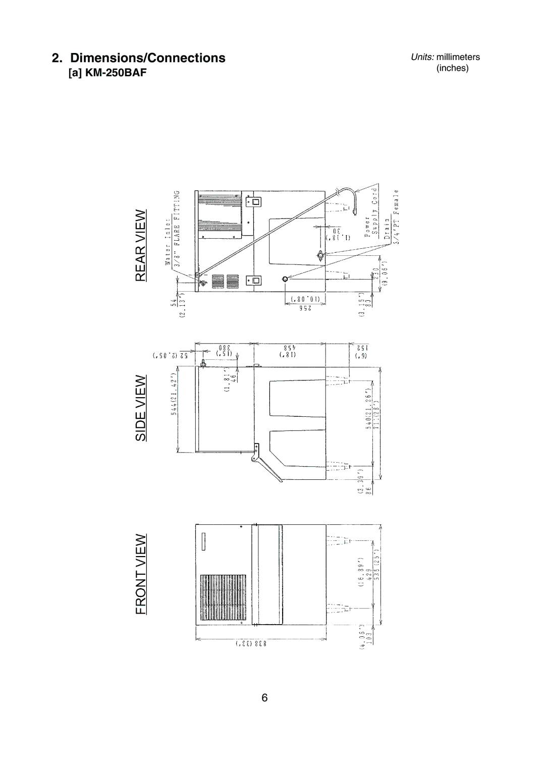 Hoshizaki KM-250BWF instruction manual Dimensions/Connections, KM-250BAF 