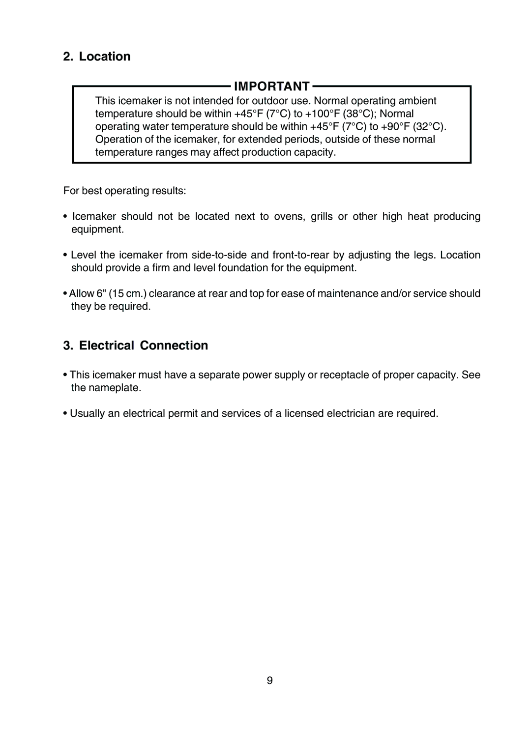 Hoshizaki KM-250BAF, KM-250BWF instruction manual Location, Electrical Connection 