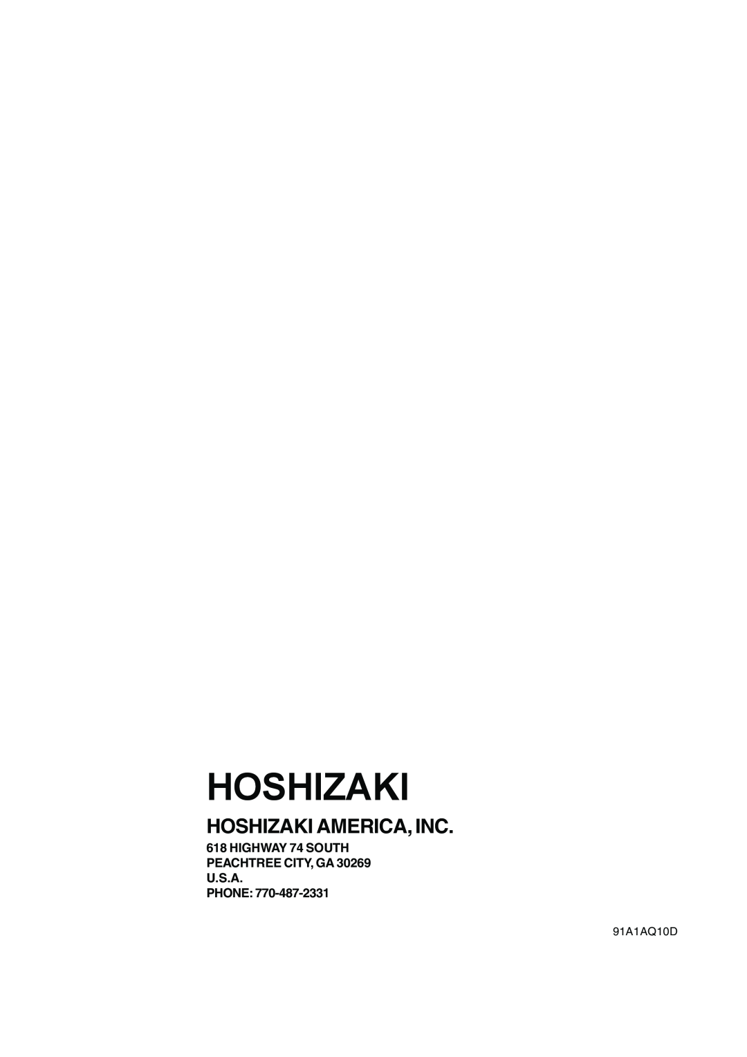 Hoshizaki KM-250BAF, KM-250BWF instruction manual Hoshizaki America, Inc, Phone, 91A1AQ10D 