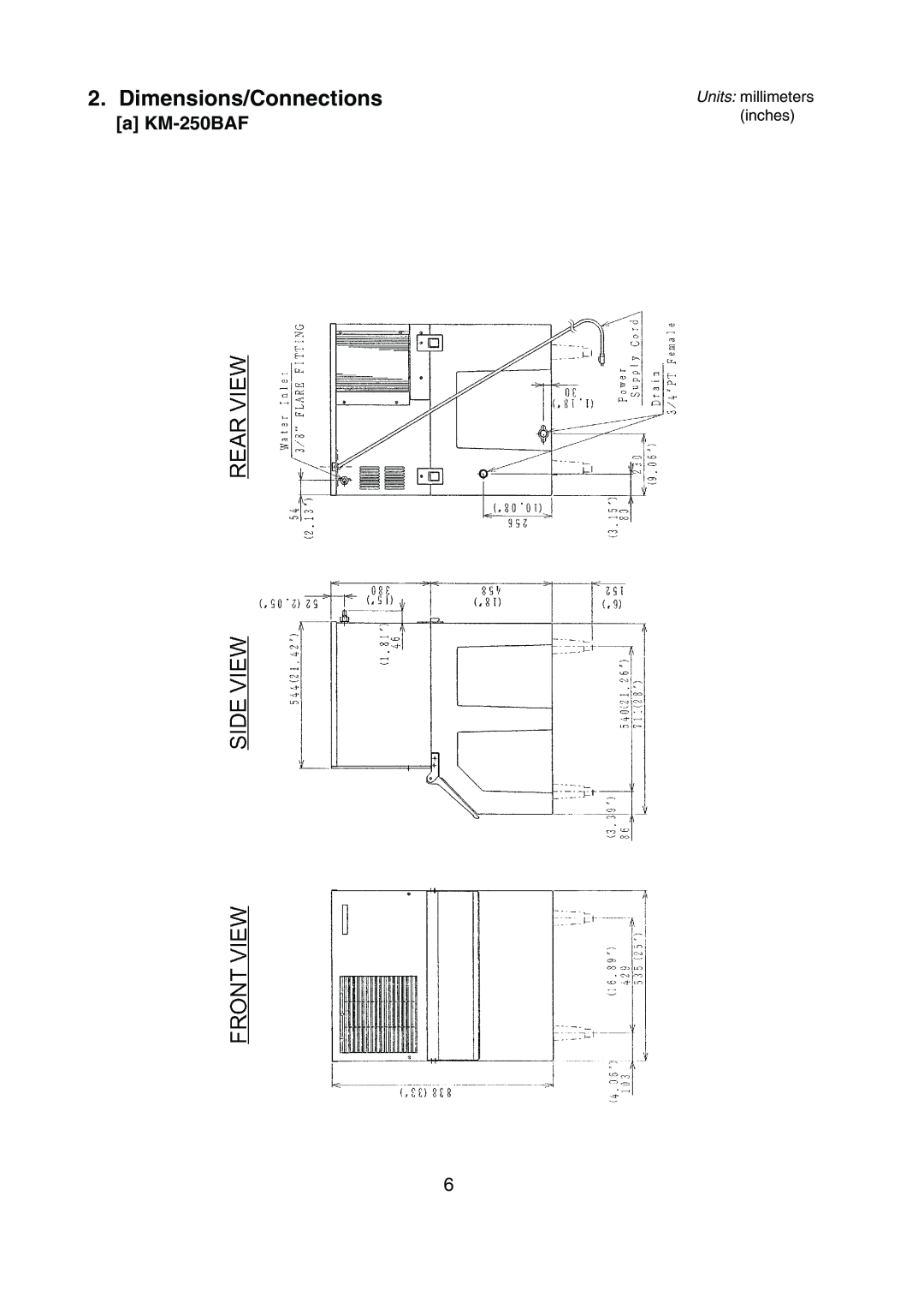 Hoshizaki KM-250BWF instruction manual Dimensions/Connections, aKM-250BAF, Units millimeters inches 
