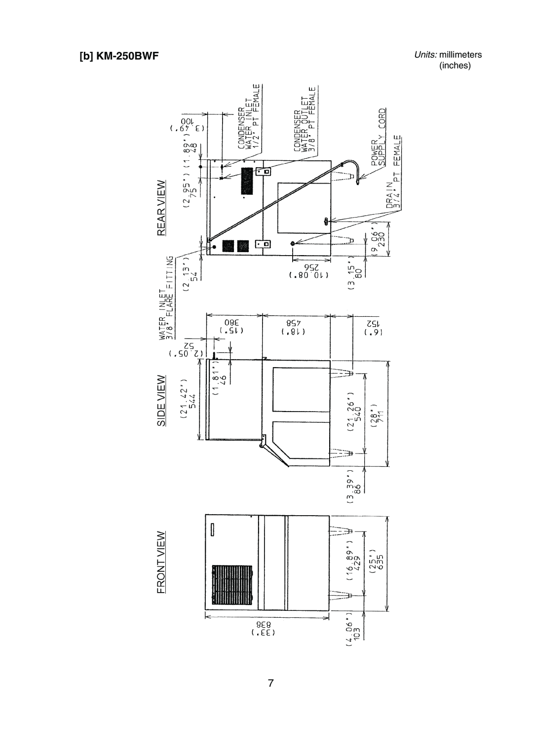 Hoshizaki KM-250BAF instruction manual b KM-250BWF, Units millimeters inches 