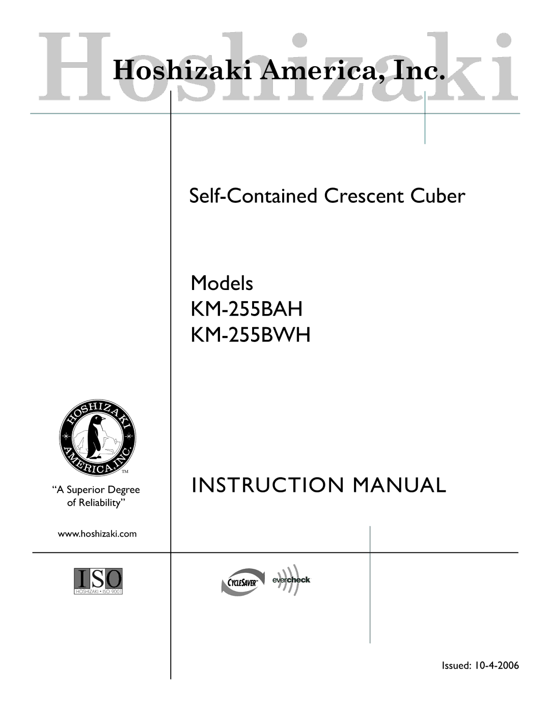 Hoshizaki instruction manual KM-255BAH KM-255BWH 