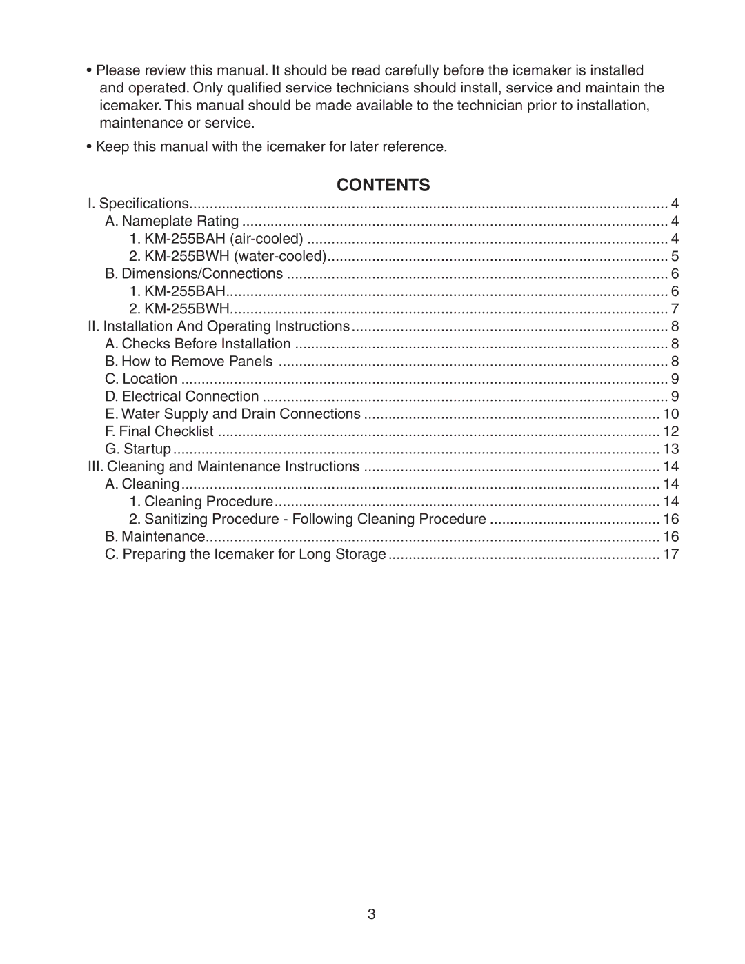 Hoshizaki KM-255BAH, KM-255BWH instruction manual Contents 