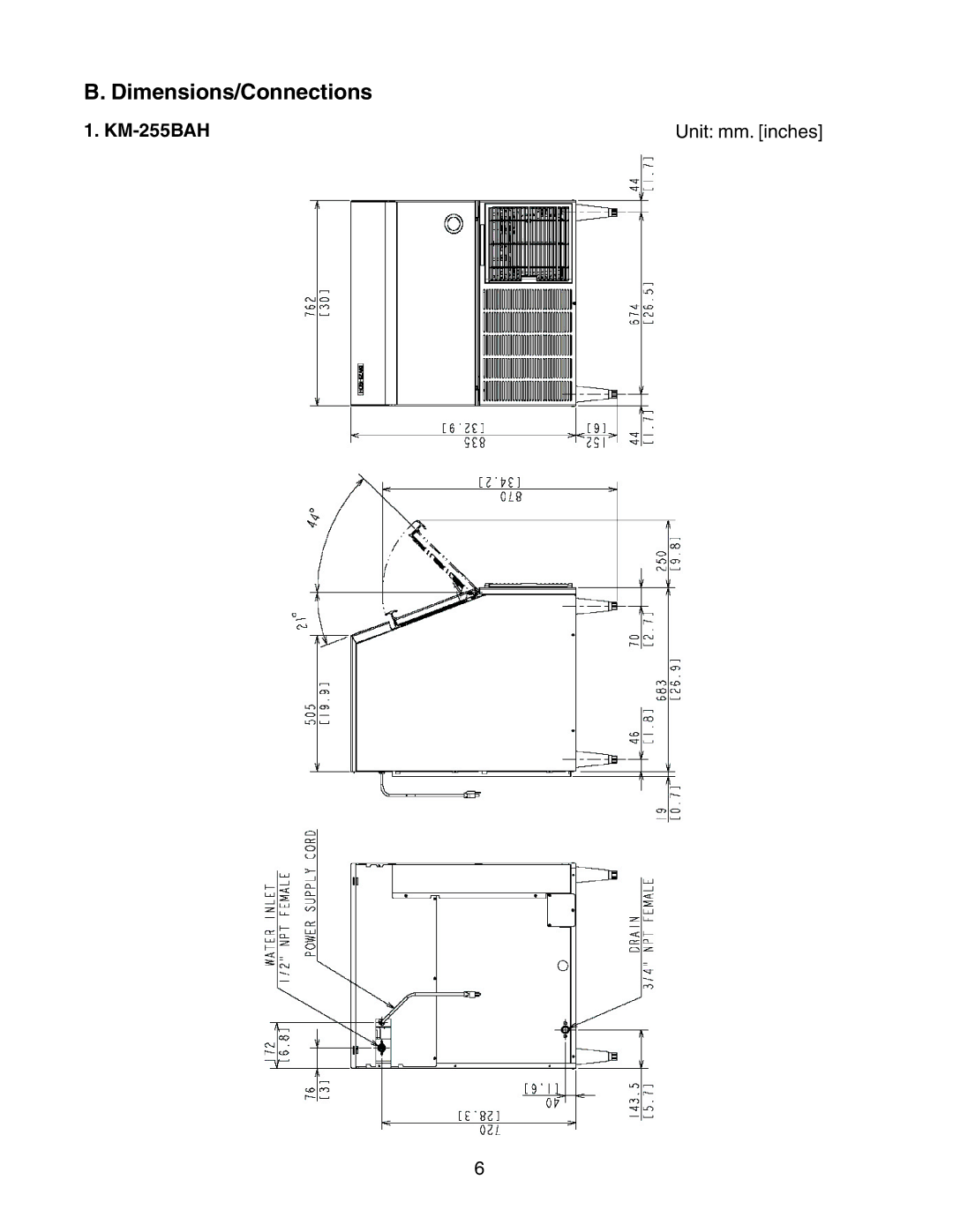 Hoshizaki KM-255BWH instruction manual Dimensions/Connections, KM-255BAH Unit mm. inches 