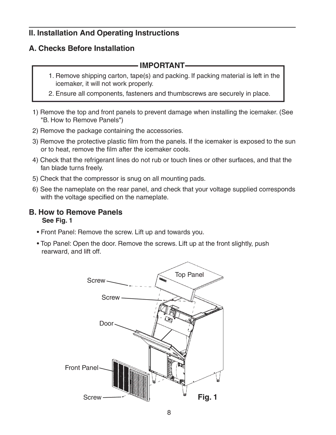 Hoshizaki KM-255BWH, KM-255BAH instruction manual How to Remove Panels, See Fig 